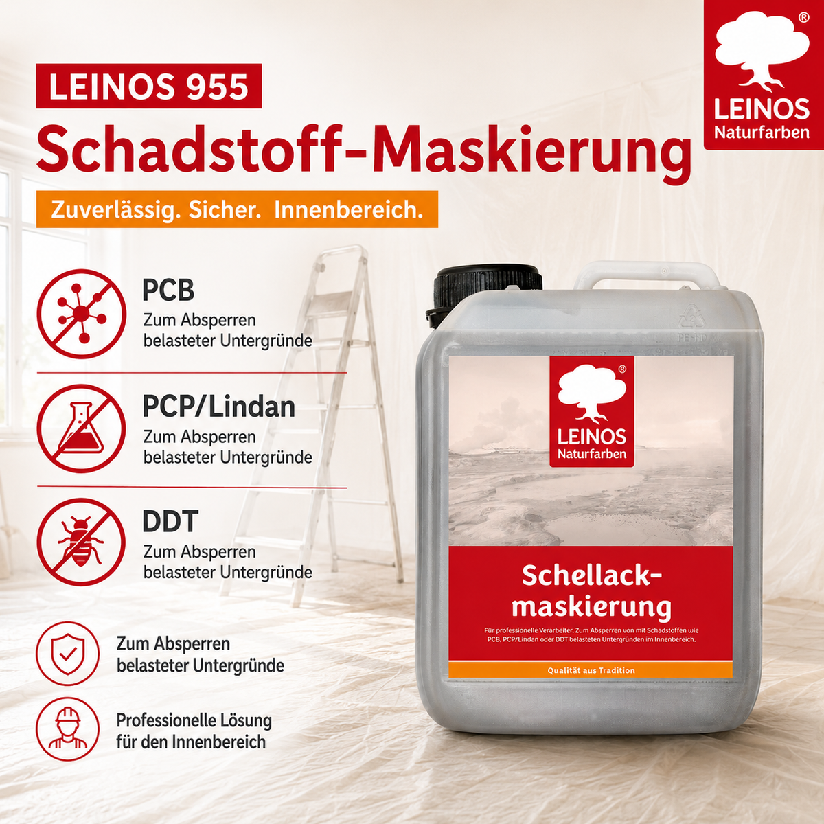 LEINOS 955 Schellackmaskierung 2,50 l | Zum Absperren von mit Schadstoffen wie PCB, PCP/Lindan oder DDT belasteten Untergründen. Nur im Innenbereich