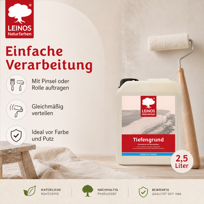 LEINOS Tiefengrund 620/ 2,5 Liter  – natürliche Grundierung für stark saugende Untergründe | Transparent, hoch dampfdurchlässig | Vorbereitung für Wandfarbe & Putz | 1L reicht für bis zu 25 m²