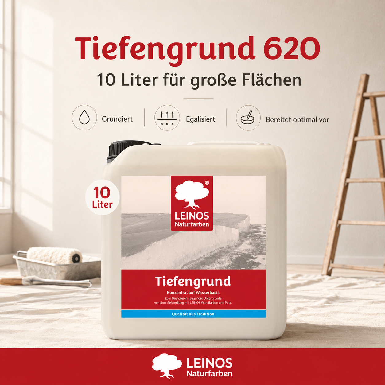 LEINOS Tiefengrund 620 10 Liter  – natürliche Grundierung für stark saugende Untergründe | Transparent, hoch dampfdurchlässig | Vorbereitung für Wandfarbe & Putz | 1L reicht für bis zu 25 m²