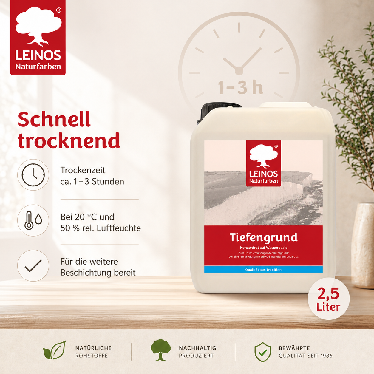 LEINOS Tiefengrund 620/ 2,5 Liter  – natürliche Grundierung für stark saugende Untergründe | Transparent, hoch dampfdurchlässig | Vorbereitung für Wandfarbe & Putz | 1L reicht für bis zu 25 m²