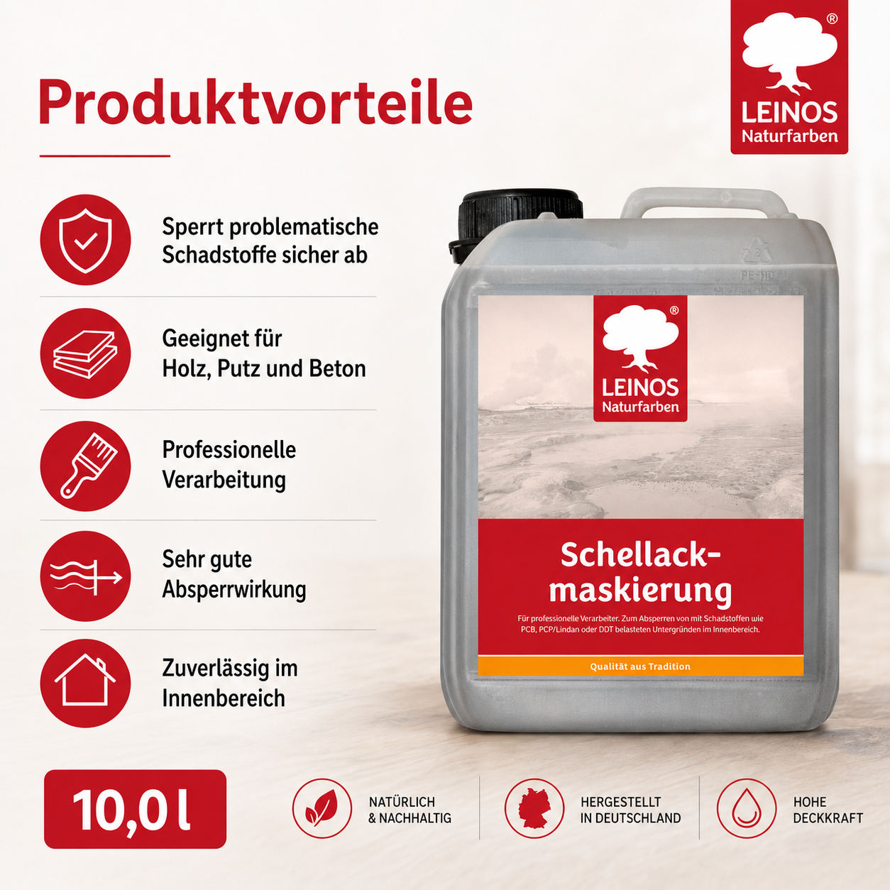 LEINOS 955 Schellackmaskierung 10,0 l | Zum Absperren von mit Schadstoffen wie PCB, PCP/Lindan oder DDT belasteten Untergründen. Nur im Innenbereich