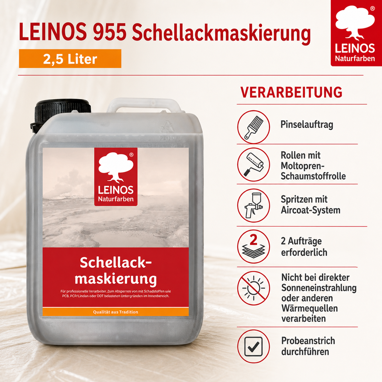 LEINOS 955 Schellackmaskierung 2,50 l | Zum Absperren von mit Schadstoffen wie PCB, PCP/Lindan oder DDT belasteten Untergründen. Nur im Innenbereich