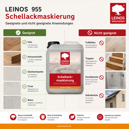 LEINOS 955 Schellackmaskierung 30,0 l | Zum Absperren von mit Schadstoffen wie PCB, PCP/Lindan oder DDT belasteten Untergründen. Nur im Innenbereich