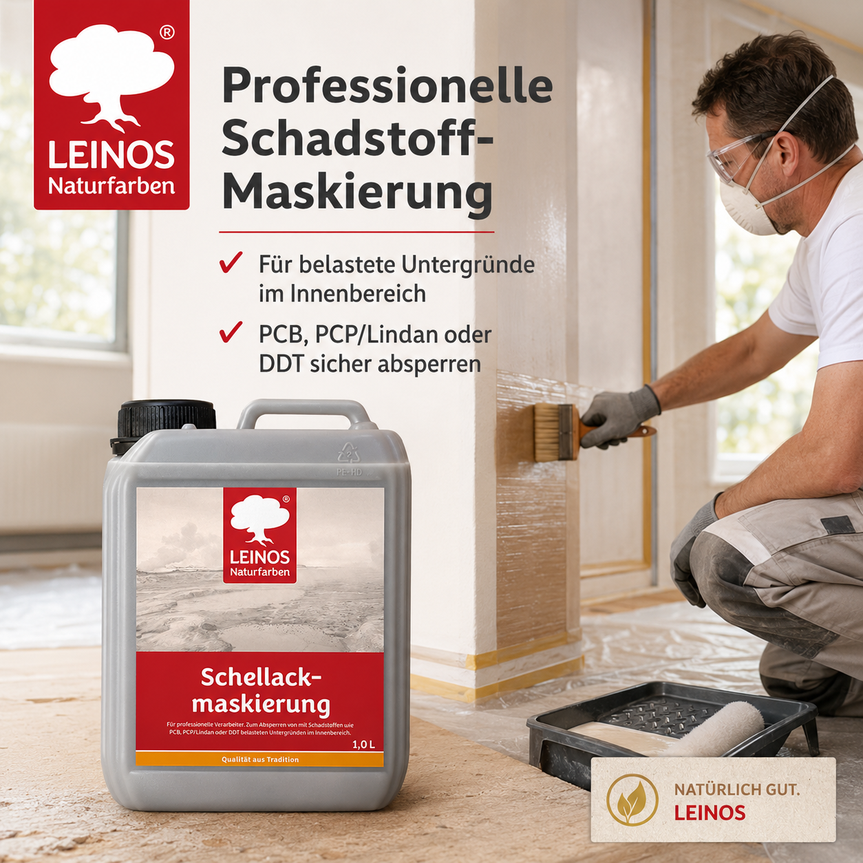 LEINOS 955 Schellackmaskierung 1,0 l | Zum Absperren von mit Schadstoffen wie PCB, PCP/Lindan oder DDT belasteten Untergründen. Nur im Innenbereich