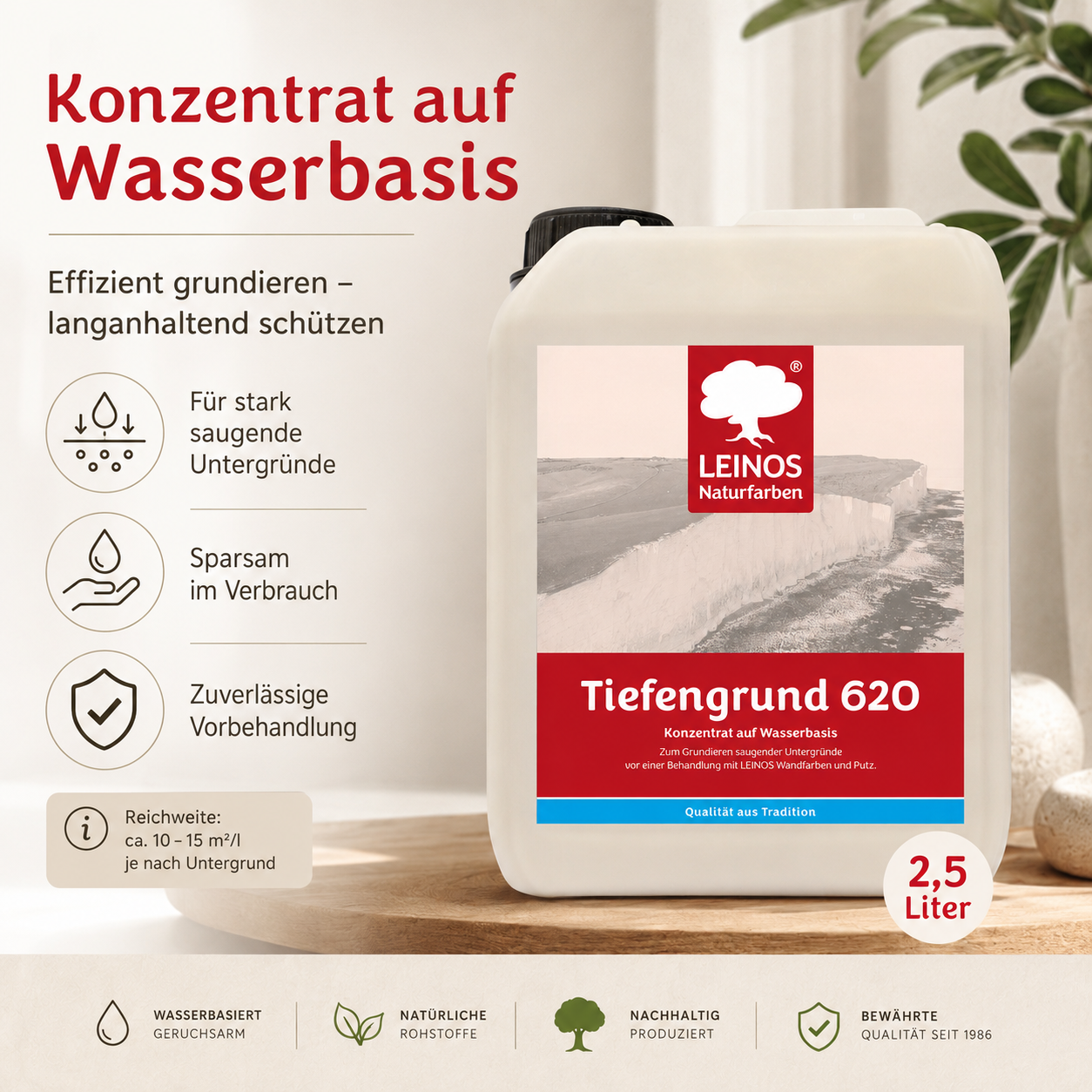LEINOS Tiefengrund 620/ 2,5 Liter  – natürliche Grundierung für stark saugende Untergründe | Transparent, hoch dampfdurchlässig | Vorbereitung für Wandfarbe & Putz | 1L reicht für bis zu 25 m²