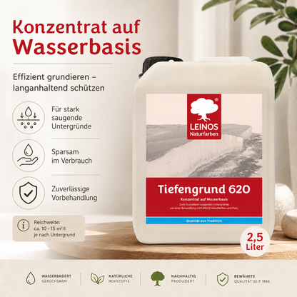 LEINOS Tiefengrund 620/ 2,5 Liter  – natürliche Grundierung für stark saugende Untergründe | Transparent, hoch dampfdurchlässig | Vorbereitung für Wandfarbe & Putz | 1L reicht für bis zu 25 m²