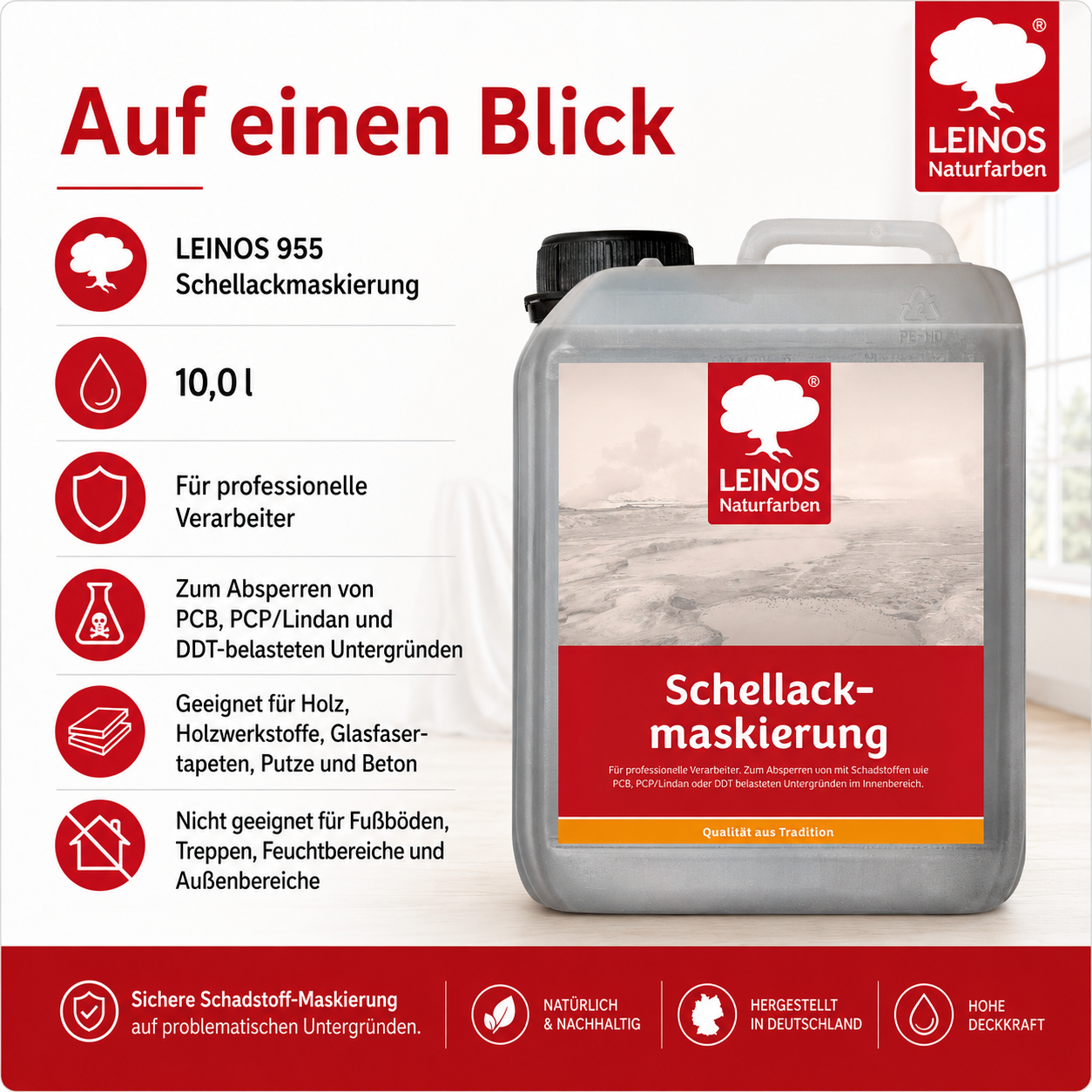LEINOS 955 Schellackmaskierung 10,0 l | Zum Absperren von mit Schadstoffen wie PCB, PCP/Lindan oder DDT belasteten Untergründen. Nur im Innenbereich