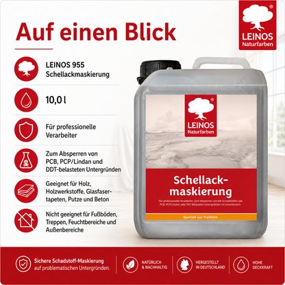 LEINOS 955 Schellackmaskierung 10,0 l | Zum Absperren von mit Schadstoffen wie PCB, PCP/Lindan oder DDT belasteten Untergründen. Nur im Innenbereich