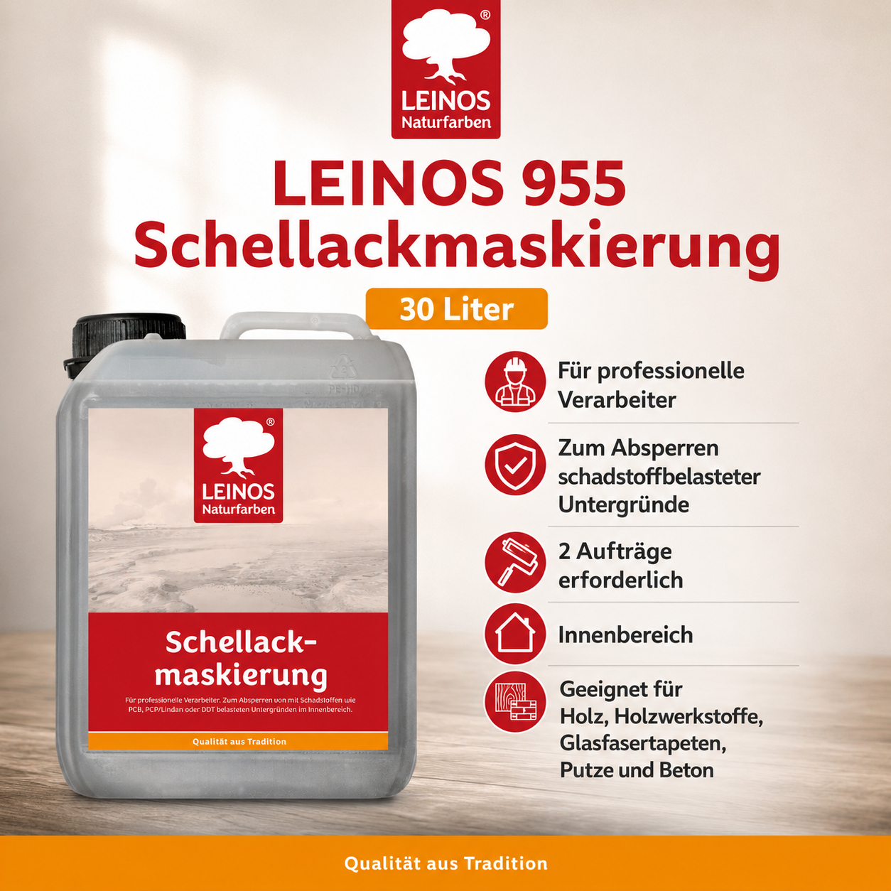 LEINOS 955 Schellackmaskierung 30,0 l | Zum Absperren von mit Schadstoffen wie PCB, PCP/Lindan oder DDT belasteten Untergründen. Nur im Innenbereich