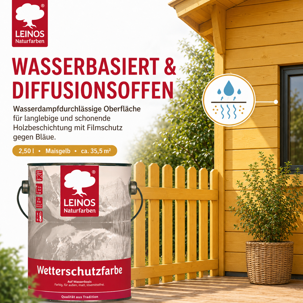 LEINOS Wetterschutzfarbe auf Wasserbasis 855 –2,50 l Maisgelb- Lösemittelfreier, matter Anstrich für unbehandelte Holzkonstruktionen im Außenbereich, ideal für sägeraues Holz