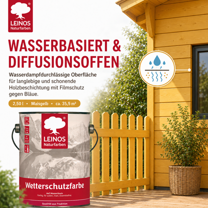 LEINOS Wetterschutzfarbe auf Wasserbasis 855 –2,50 l Maisgelb- Lösemittelfreier, matter Anstrich für unbehandelte Holzkonstruktionen im Außenbereich, ideal für sägeraues Holz