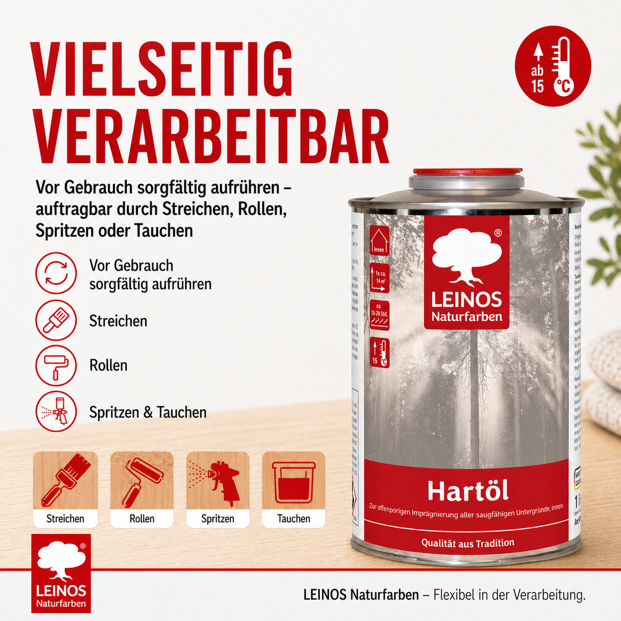 LEINOS Holzöl 1,0 l | Farbloses Hartöl für Möbel, Tische, Arbeitsplatten | Öl für Teak, Eiche & weitere Hölzer | Natürliche Imprägnierung & effektive Versiegelung mit langanhaltendem Schutz innen