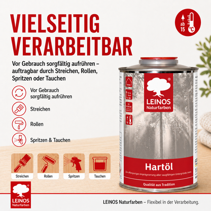 LEINOS Holzöl 1,0 l | Farbloses Hartöl für Möbel, Tische, Arbeitsplatten | Öl für Teak, Eiche & weitere Hölzer | Natürliche Imprägnierung & effektive Versiegelung mit langanhaltendem Schutz innen