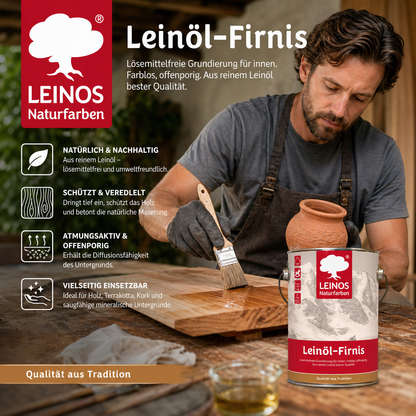 LEINOS Leinöl-Firnis 230 – 2,5 L offenporige Grundierung für stark saugende Untergründe innen wie Hirnholzparkett, Kork, Terracotta – ohne Filmschutz für außen – lösemittelfrei