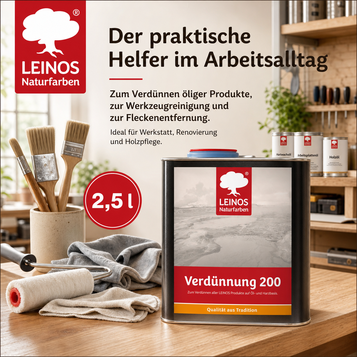 LEINOS 200 Verdünnung 2,5 Liter | Zum Verdünnen aller öligen Produkte sowie zur Reinigung der Arbeitsgeräte. Auch als Fleckentferner geeignet.