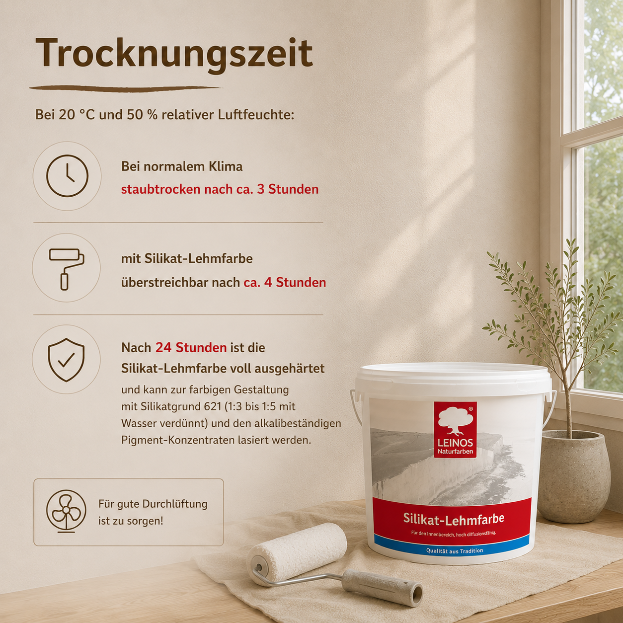 LEINOS Silikat-Lehmfarbe 689, naturweiß – Hochdeckende Wandfarbe für Innen, atmungsaktiv, lösemittelfrei, diffusionsoffen, geruchsarm, vegan, ideal für Lehmputz, Kalkputz, Putz – 10 L