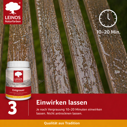 Leinos Entgrauer 2,5 Liter  für Holz-Gartenmöbel & Terrassenholz – Auftragen, einwirken lassen, abbürsten – effektive Reinigung & Auffrischung von Hart- und Weichholz