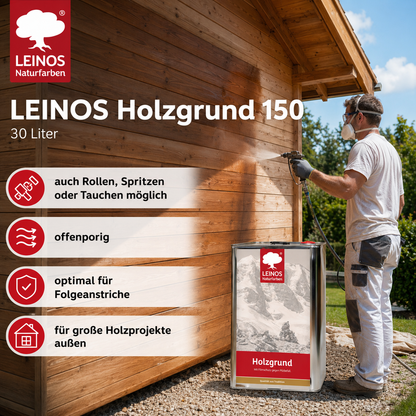 LEINOS 150 Holzgrund 30 l – offenporige Holzgrundierung für Lack- und Lasuranstriche außen, mit Filmschutz gegen Bläuebefall, tiefenwirksam, transparent-bräunlich, reicht bis ca. 144 m²