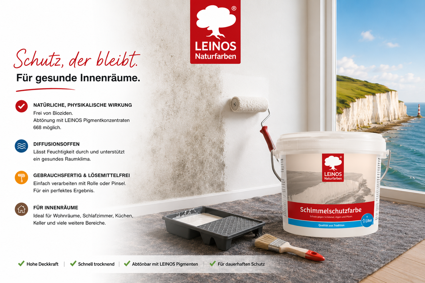 LEINOS 695 Schimmelschutzfarbe 1,0 l für Innenräume, gegen Schimmel, Algen und Pilze, biozidfrei, lösemittelfrei, diffusionsoffen, natürliche Wirkung, hohe Deckkraft, weiß, gebrauchsfertig Innenwände!