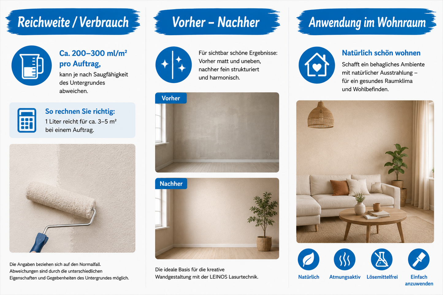 LEINOS Streich- und Rollputz fein 685, weiß – Feinkörniger Putz für Innen, atmungsaktiv, lösemittelfrei, schadstofffrei, gebrauchsfertig, strukturierbar, auf Putz, Gips, Lehm, Altanstrich – 10 L
