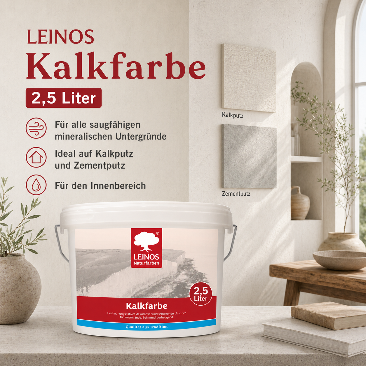 LEINOS Kalkfarbe 665 – Hochatmungsaktive Wandfarbe für Innen | Naturweiß, matt & mineralisch | Lösemittelfrei, schimmelvorbeugend, abtönbar | 2,5 L für ca. 16 m² | für mineralische Untergründe