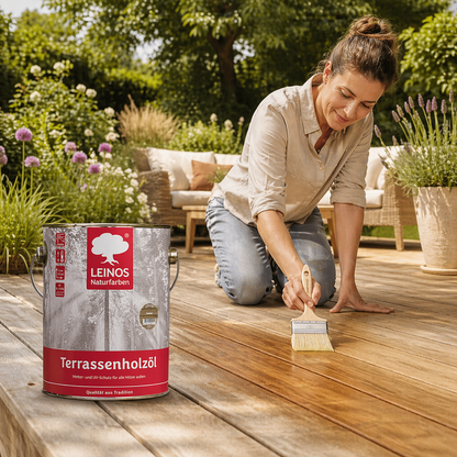 LEINOS Terrassenholzöl 236 | 2,5 Liter | Hochwertiges Holzöl für außen | Für Terrassen, Zäune, Kinderspielgeräte | Farbton: farblos | Tiefer Holzschutz & leichte Anwendung