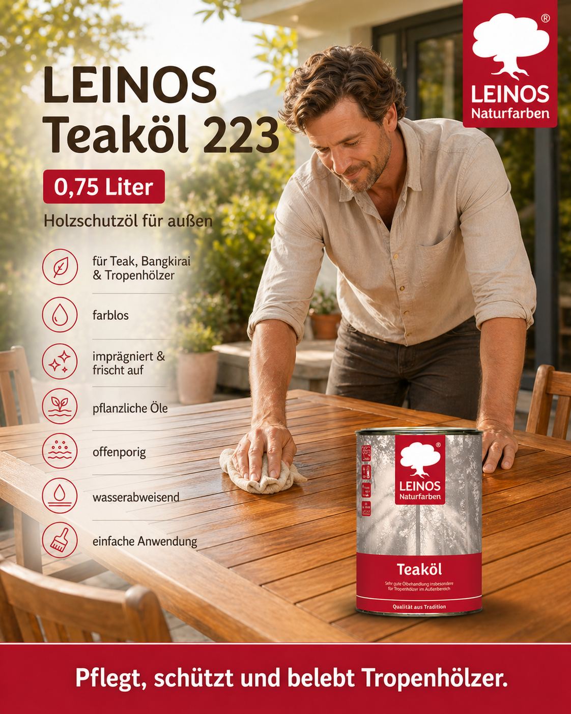 LEINOS Teaköl 223 – 0,75 Liter Holzschutzöl für außen, farblos, für Teak, Bangkirai & Tropenhölzer, imprägniert & frischt auf, pflanzliche Öle, offenporig, wasserabweisend, einfache Anwendung