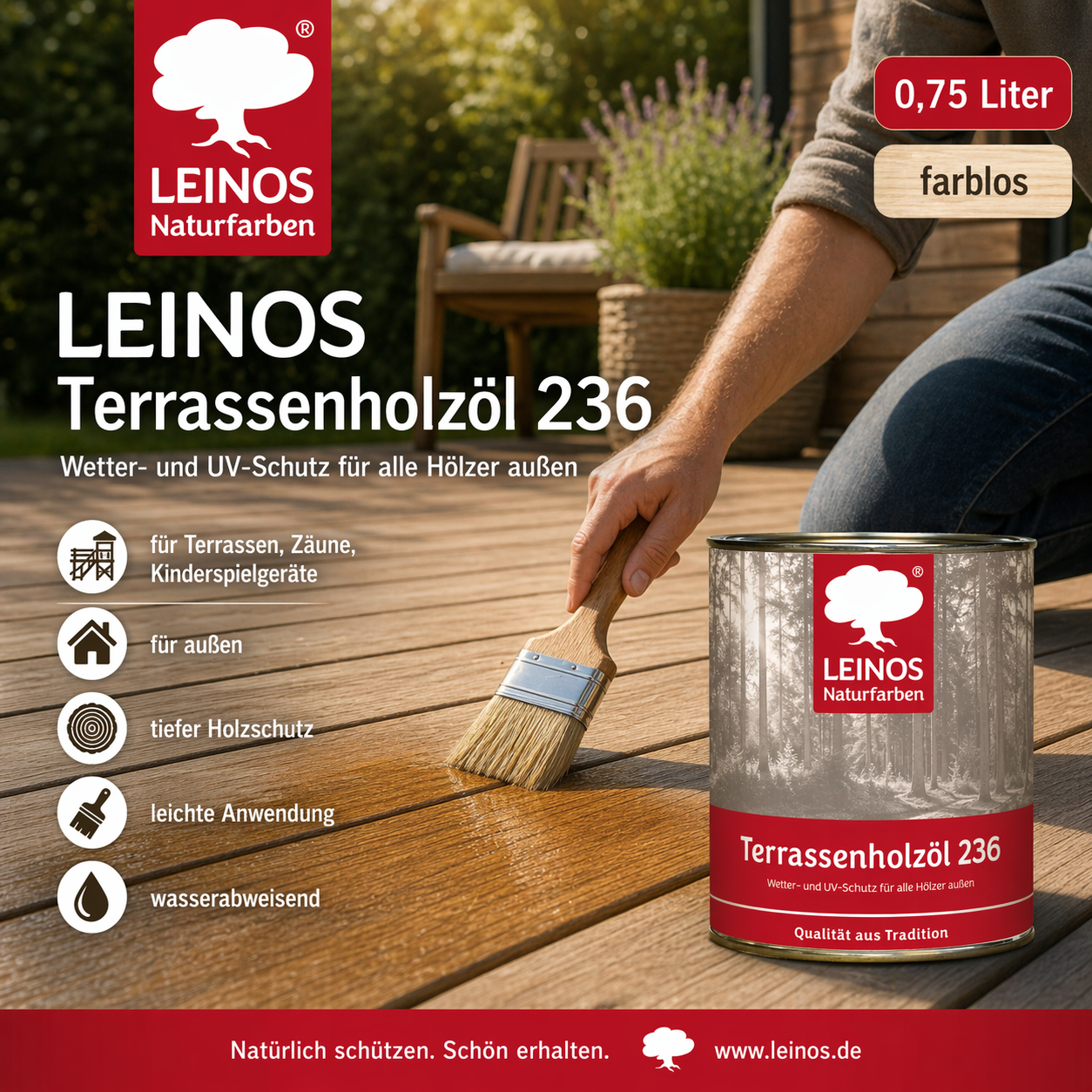 LEINOS Terrassenholzöl 236 | 0,75 Liter | Hochwertiges Holzöl für außen | Für Terrassen, Zäune, Kinderspielgeräte | Farbton: farblos | Tiefer Holzschutz & leichte Anwendung
