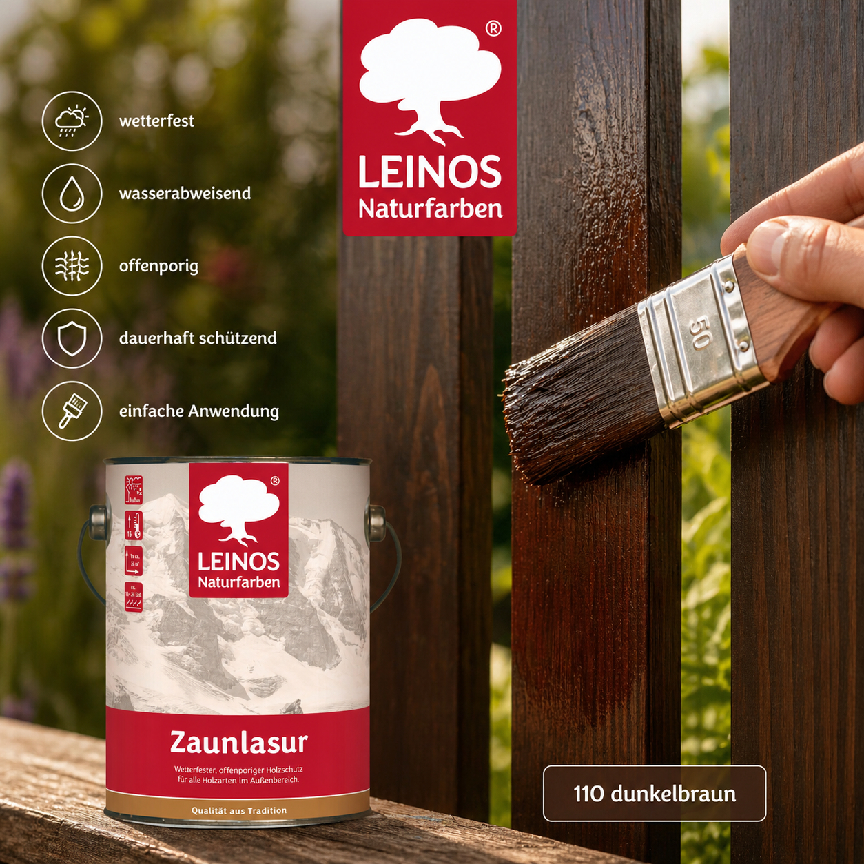LEINOS Zaunlasur 110 dunkelbraun – wetterfeste Holzlasur für außen, offenporiger Holzschutz, wasserabweisend & atmungsaktiv, 2,5 l für bis zu 36 m² dunkelbraun