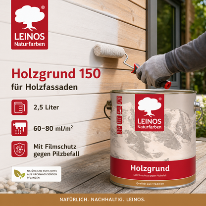 LEINOS 150 Holzgrund 2,5 l – offenporige Holzgrundierung für Lack- und Lasuranstriche außen, mit Filmschutz gegen Bläuebefall, tiefenwirksam, transparent-bräunlich, reicht bis ca. 60-80 m²