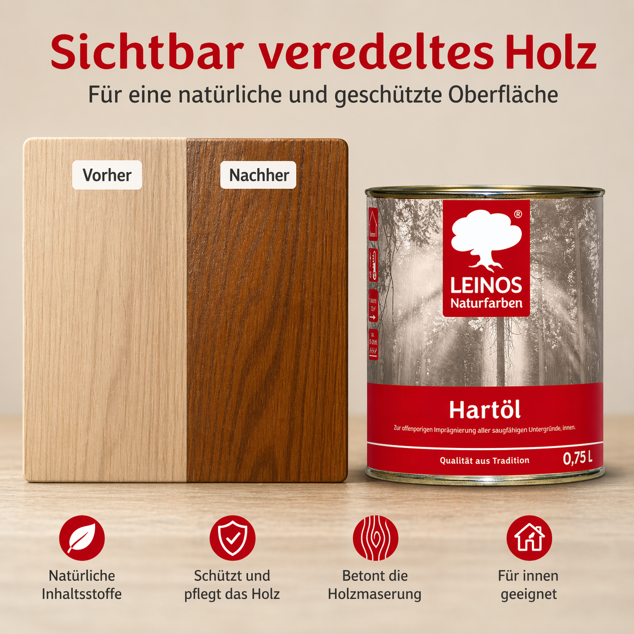 LEINOS Holzöl 750 ml | Hartöl Nussbaum für Tische Möbel Arbeitsplatten | Teak Eiche Möbelöl für effektive Versiegelung und langanhaltenden Schutz im Innenbereich
