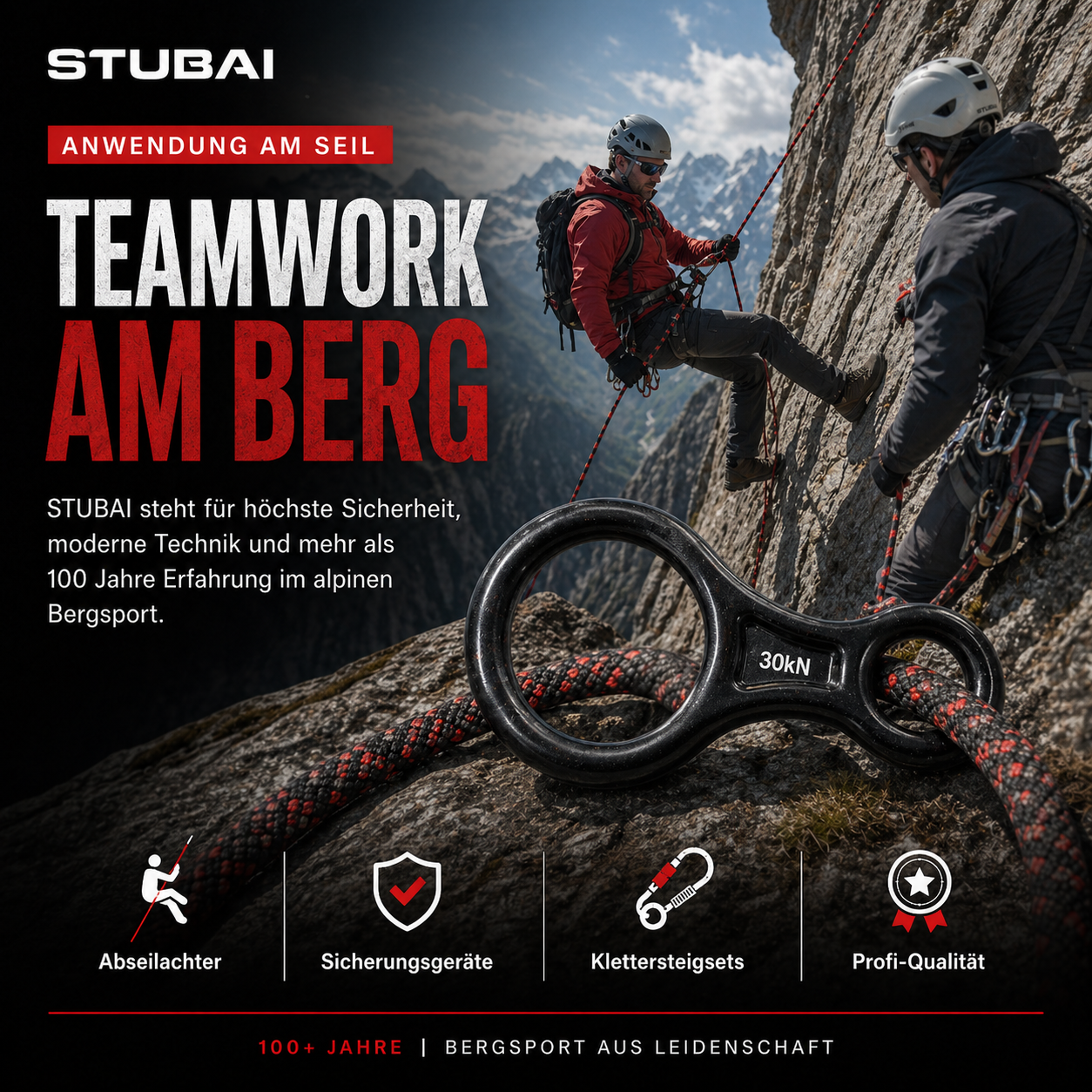 STUBAI Abseilachter groß, 109 g, 30 kN Bruchlast, EN 15151-2 zertifiziert – Sicherungsgerät aus geschmiedetem Aluminium, rot eloxiert – geeignet für Klettern, Bergsteigen, Canyoning, Höhenarbeit