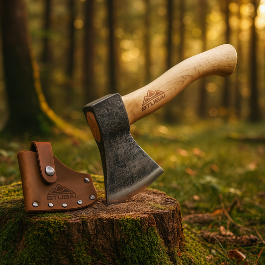 STUBAI Campingbeil Serles 800 g – Handgeschmiedet aus Kohlenstoffstahl, 240 mm, inkl. Lederscheide, geölter Hickorystiel – Outdoor, Bushcraft, Survival