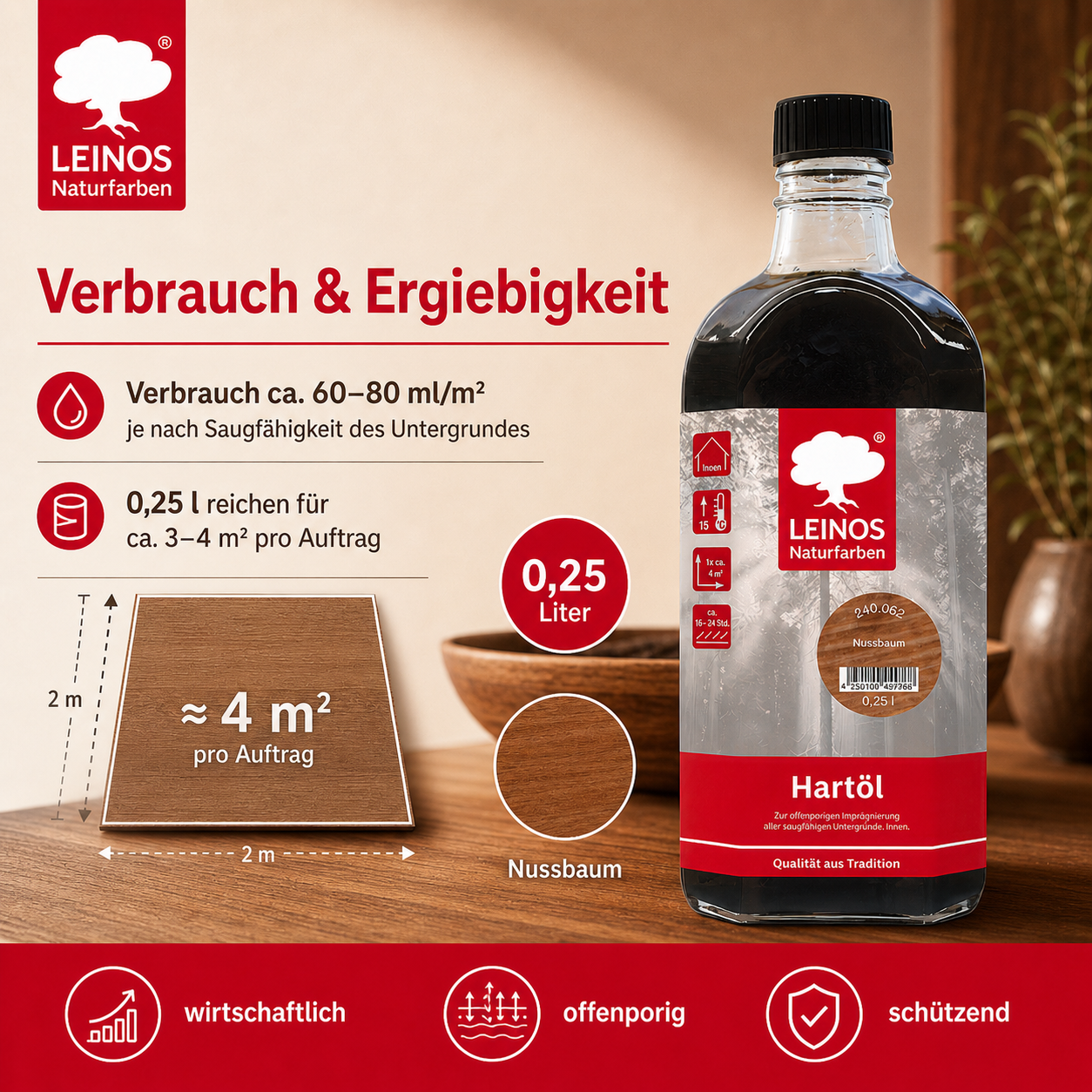 LEINOS Holzöl 250 ml | Hartöl Nussbaum für Tische Möbel Arbeitsplatten | Teak Eiche Möbelöl für effektive Versiegelung und langanhaltenden Schutz im Innenbereich