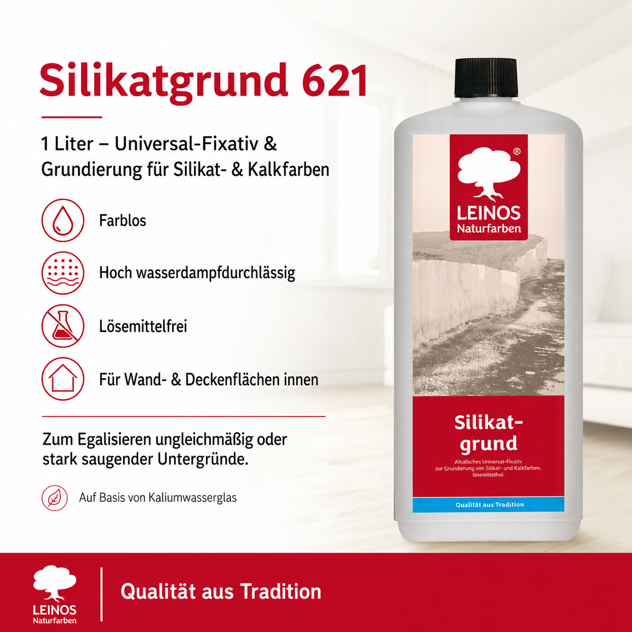 LEINOS Silikatgrund 621 | Universal-Fixativ & Grundierung für Silikat- & Kalkfarben | Farblos, hoch wasserdampfdurchlässig, lösemittelfrei | 1 Liter | von LEINOS