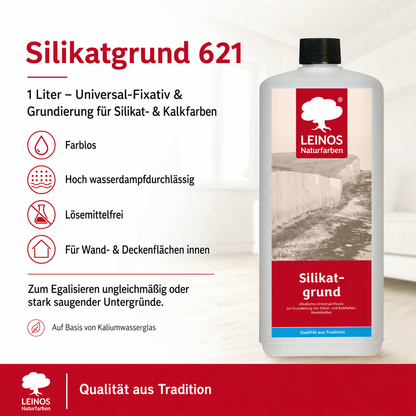 LEINOS Silikatgrund 621 | Universal-Fixativ & Grundierung für Silikat- & Kalkfarben | Farblos, hoch wasserdampfdurchlässig, lösemittelfrei | 1 Liter | von LEINOS
