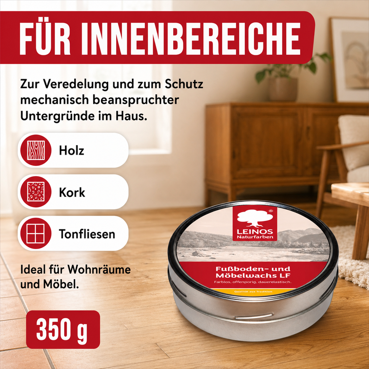 LEINOS Fußboden- & Möbelwachs LF 310 | 350 gramm  Natürliches Hartwachs für Innenbereiche | Atmungsaktiver Schutz für Holz, Kork, Tonfliesen | Reines Naturwachs mit Bienen- & Carnaubawachs