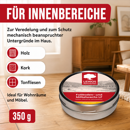 LEINOS Fußboden- & Möbelwachs LF 310 | 350 gramm  Natürliches Hartwachs für Innenbereiche | Atmungsaktiver Schutz für Holz, Kork, Tonfliesen | Reines Naturwachs mit Bienen- & Carnaubawachs