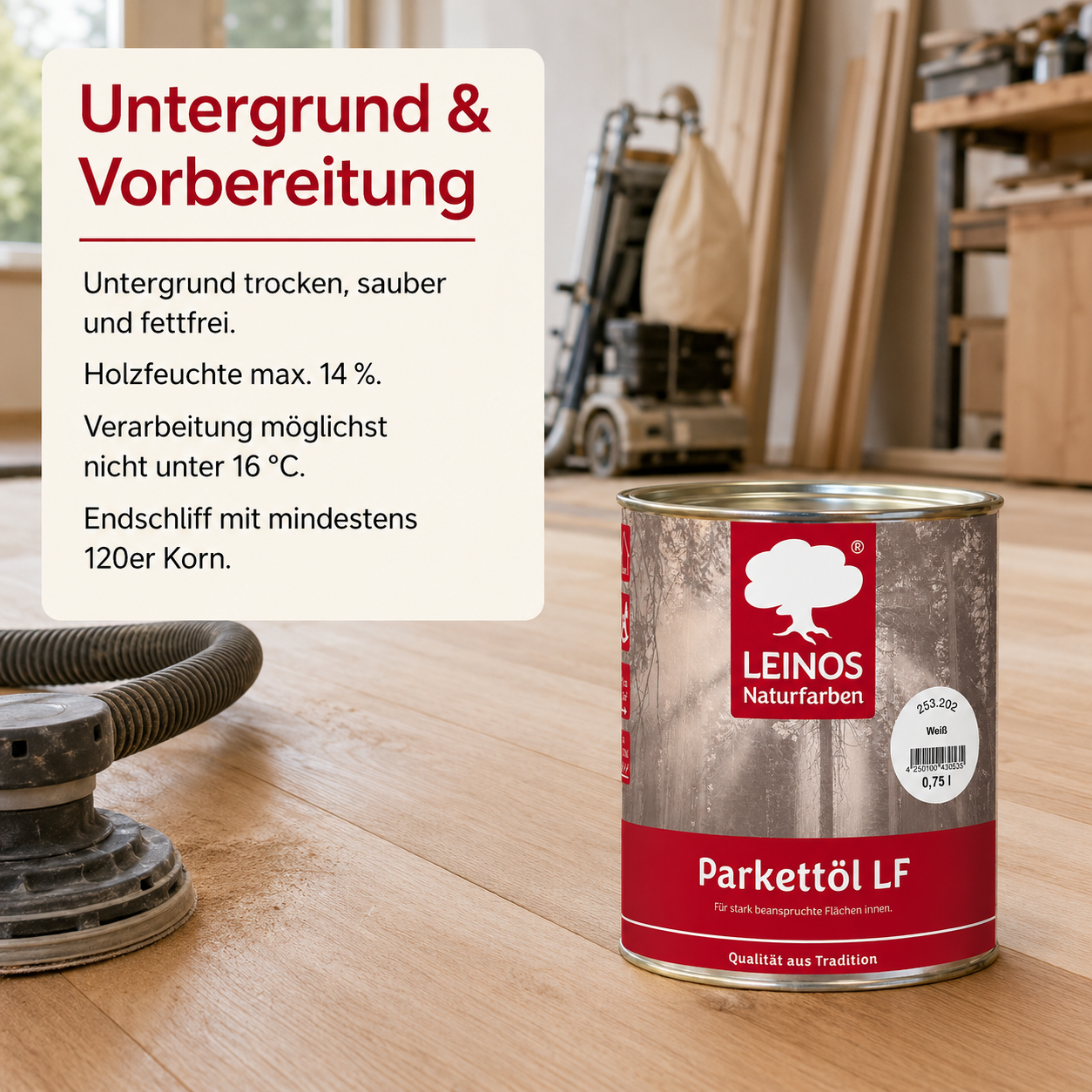 LEINOS Parkettöl LF 253 weiß 0,75 L – Natürlich pigmentiertes Holzöl für Parkett & Dielen, lösemittelfrei, offenporig, UV-stabil & strapazierfähig – ideal für helle Holzfußböden im Innenbereich