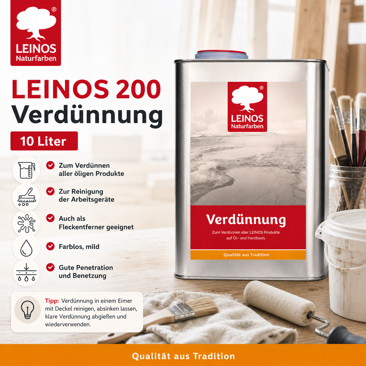 LEINOS 200 Verdünnung 10 Liter | Zum Verdünnen aller öligen Produkte sowie zur Reinigung der Arbeitsgeräte. Auch als Fleckentferner geeignet.