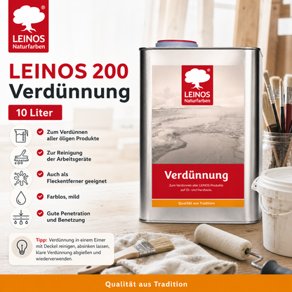 LEINOS 200 Verdünnung 10 Liter | Zum Verdünnen aller öligen Produkte sowie zur Reinigung der Arbeitsgeräte. Auch als Fleckentferner geeignet.