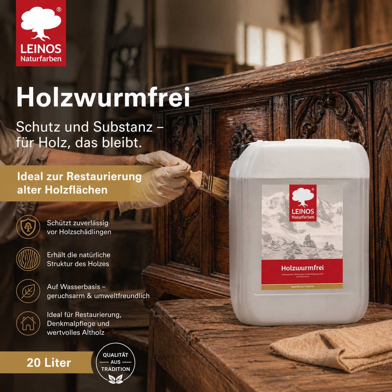 LEINOS Holzwurmfrei 130 | 20 Liter  Holzschutz gegen Insekten- & Pilzbefall | Für Innen, überdachten Außenbereich & Feuchträume | Holzverfestiger mit physikalisch-mechanischer Wirkung