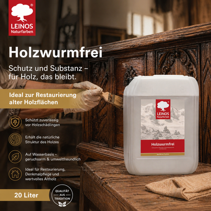 LEINOS Holzwurmfrei 130 | 20 Liter  Holzschutz gegen Insekten- & Pilzbefall | Für Innen, überdachten Außenbereich & Feuchträume | Holzverfestiger mit physikalisch-mechanischer Wirkung