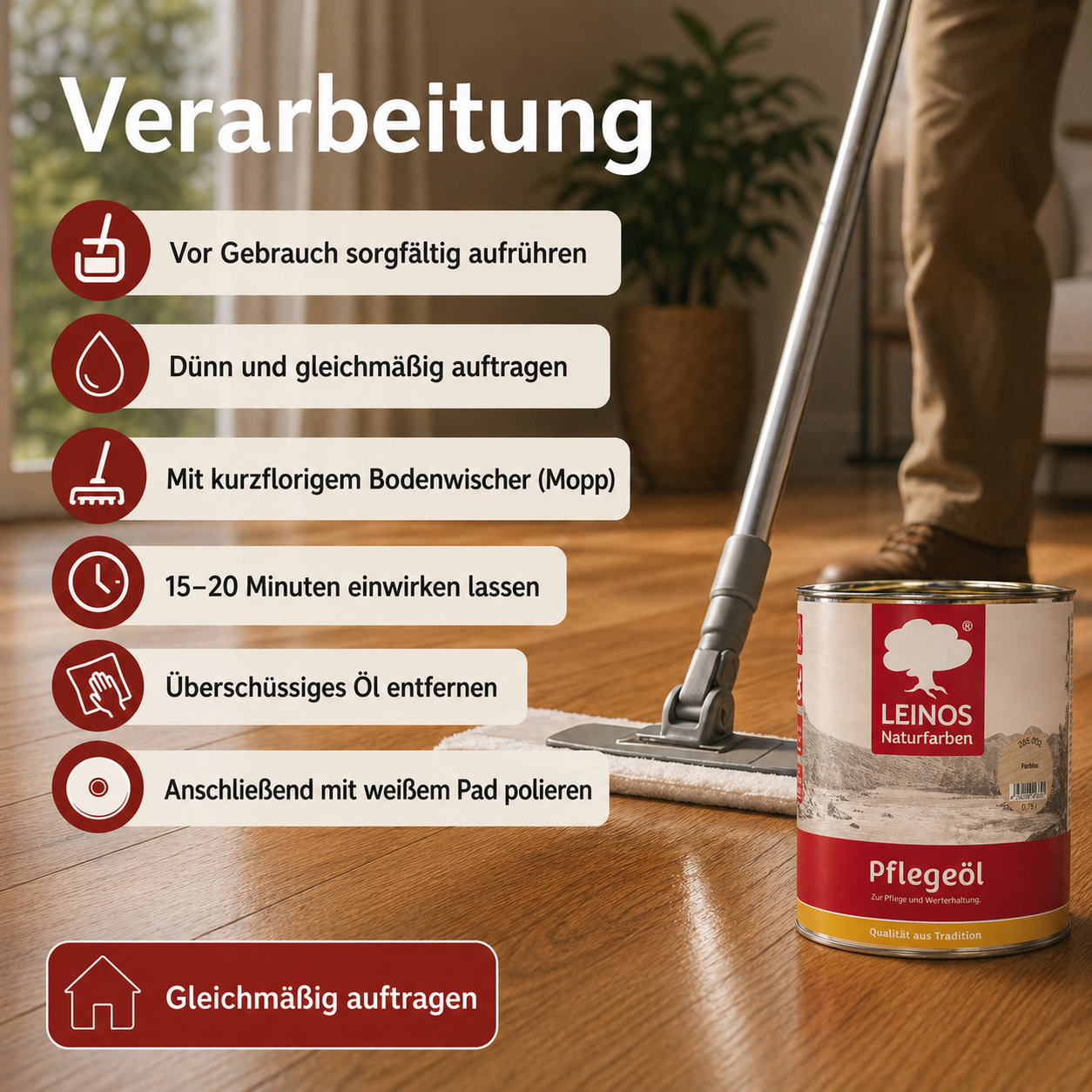 LEINOS 285 Pflegeöl 002 farblos  0,75 Liter | Zur Behandlung aller geölten und gewachsten Flächen wie Holz, Kork und Linoleum im Innenbereich |