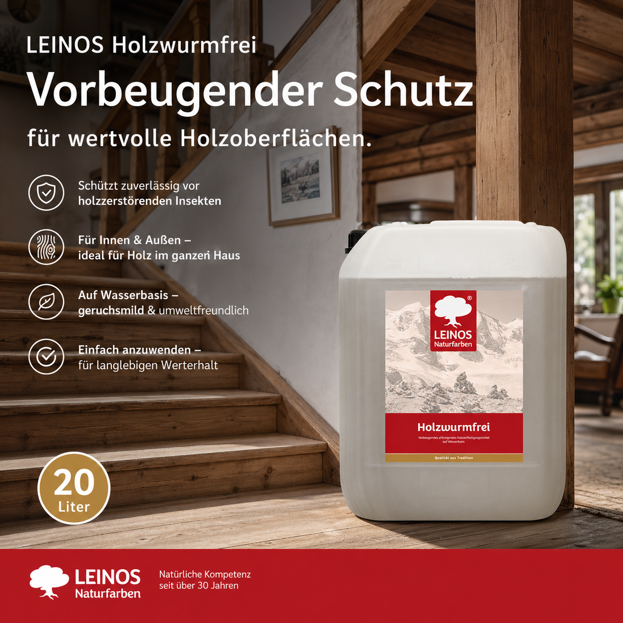 LEINOS Holzwurmfrei 130 | 20 Liter  Holzschutz gegen Insekten- & Pilzbefall | Für Innen, überdachten Außenbereich & Feuchträume | Holzverfestiger mit physikalisch-mechanischer Wirkung