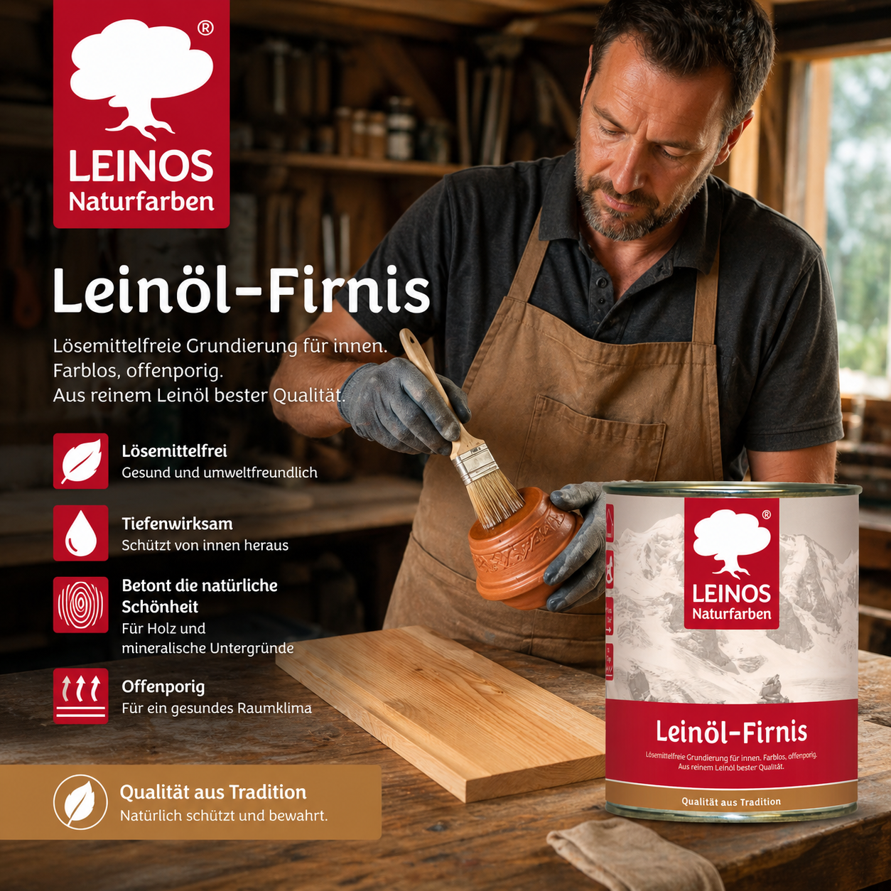 LEINOS Leinöl-Firnis 230 – 0,75 L für innen und außen – offenporige Grundierung für stark saugende Untergründe wie Hirnholzparkett, Kork, Terracotta – lösungsmittelfrei – ohne Filmschutz außen