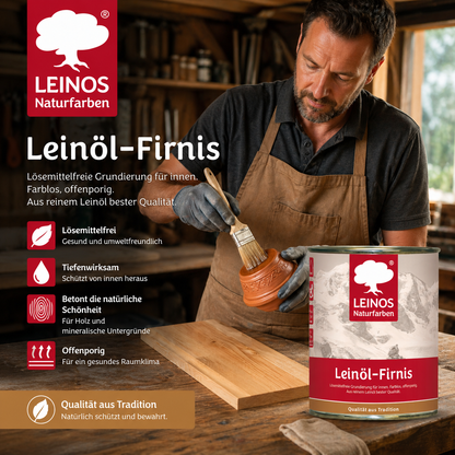 LEINOS Leinöl-Firnis 230 – 0,75 L für innen und außen – offenporige Grundierung für stark saugende Untergründe wie Hirnholzparkett, Kork, Terracotta – lösungsmittelfrei – ohne Filmschutz außen