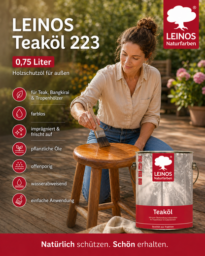 LEINOS Teaköl 223 – 0,75 Liter Holzschutzöl für außen, farblos, für Teak, Bangkirai & Tropenhölzer, imprägniert & frischt auf, pflanzliche Öle, offenporig, wasserabweisend, einfache Anwendung