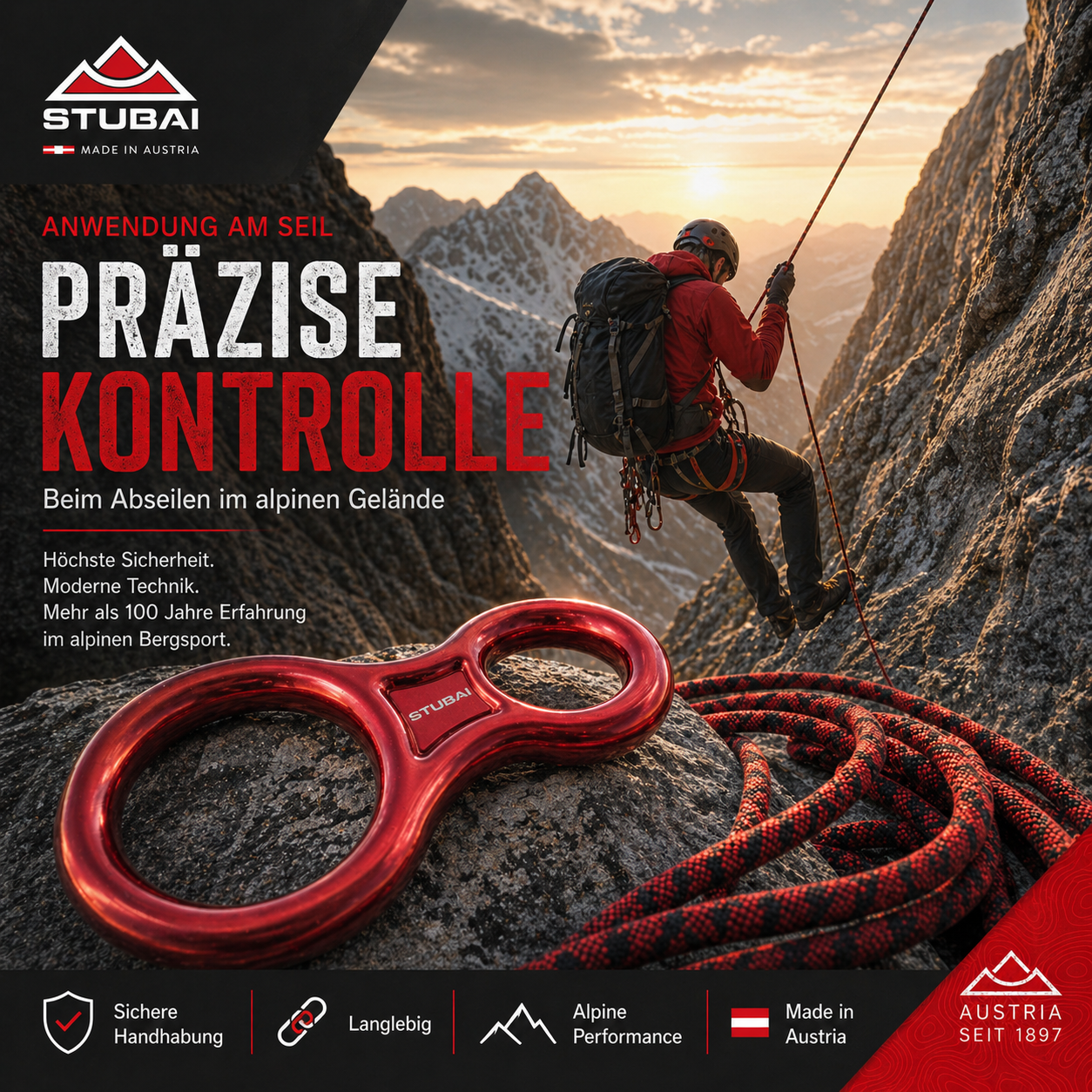 STUBAI Abseilachter groß – Sicherungsgerät aus Aluminium (109 g, 30 kN) – für Klettern, Bergsteigen, Canyoning, Höhenarbeit & Rettung – EN 15151-2 zertifiziert – rot eloxier