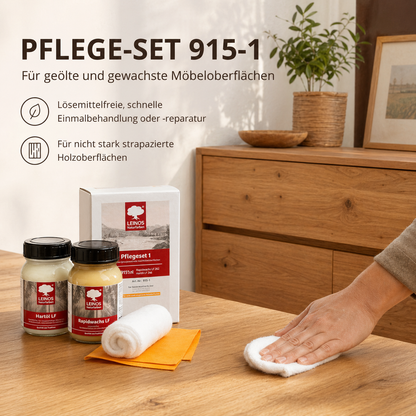 LEINOS Pflege-Set 915-1für geölte  und gewachste Möbeloberflächen je 0,1 Liter  | Lösemittelfreie, schnelle Einmalbehandlung oder -reperatur von nicht stark strapazierten Holzoberflächen